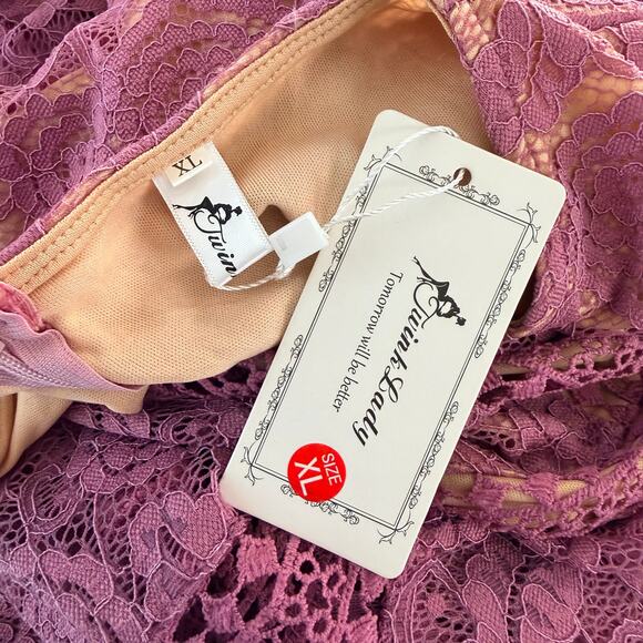 Twink Lady Dress Womens XL Mauve Pink Lace with Nude Underlay Bell Half Sleeves - Picture 6 of 12